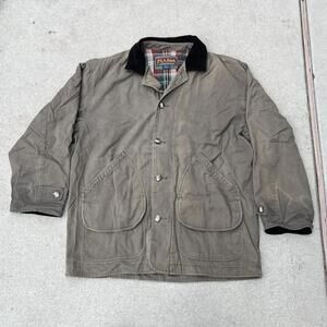 Vintage 90s Brown J.S.A Bank red plaid lined chore jacket with black cuffs